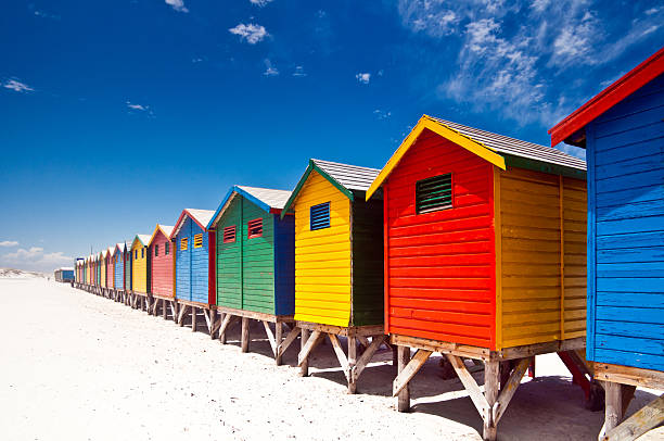 "Muizenberg colorful beach huts in Cape Town, South africa."